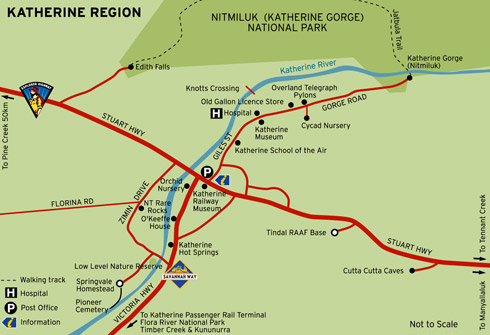 Map of Katherine region includes Katherine town and Edith Falls at the west edge of the Nitmiluk National Park in Australia